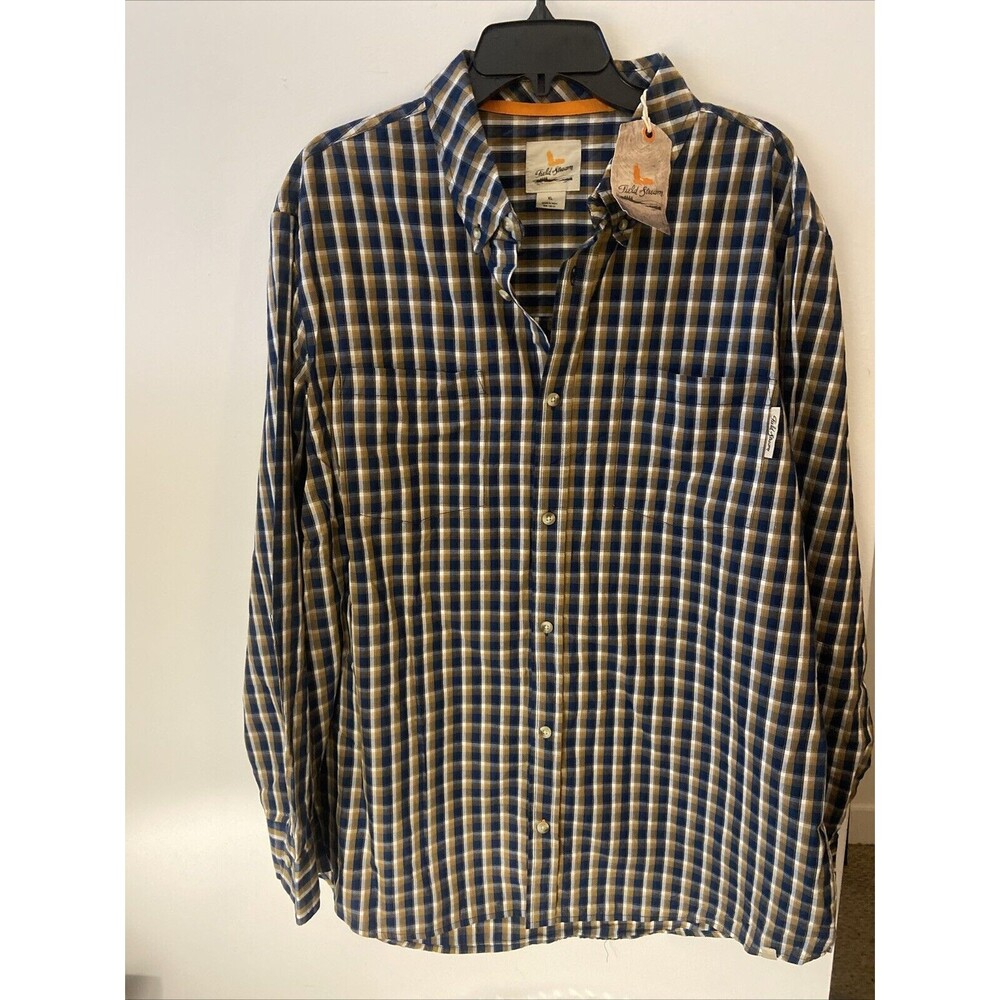 Vintage With Tags Field & Stream Long Sleave Blue Gold White Plaid Shirt Size XL